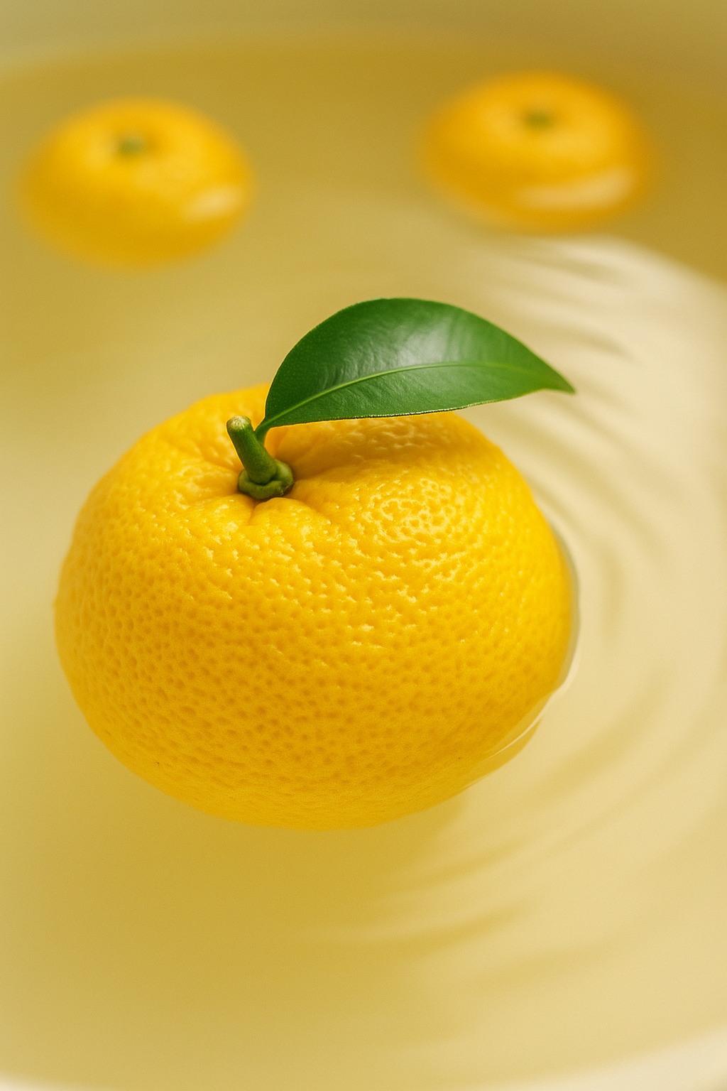 香り立つゆず湯の湯面 湯船に浮かぶ柚子のクローズアップ