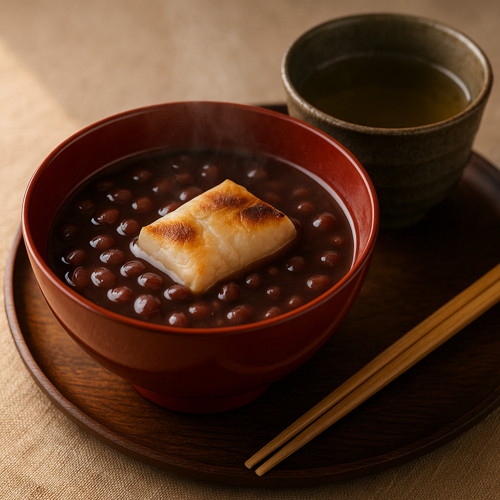 冬の定番・善哉とほうじ茶 湯気の立つ善哉とほうじ茶。焼き餅が浮かぶ温かい冬の甘味