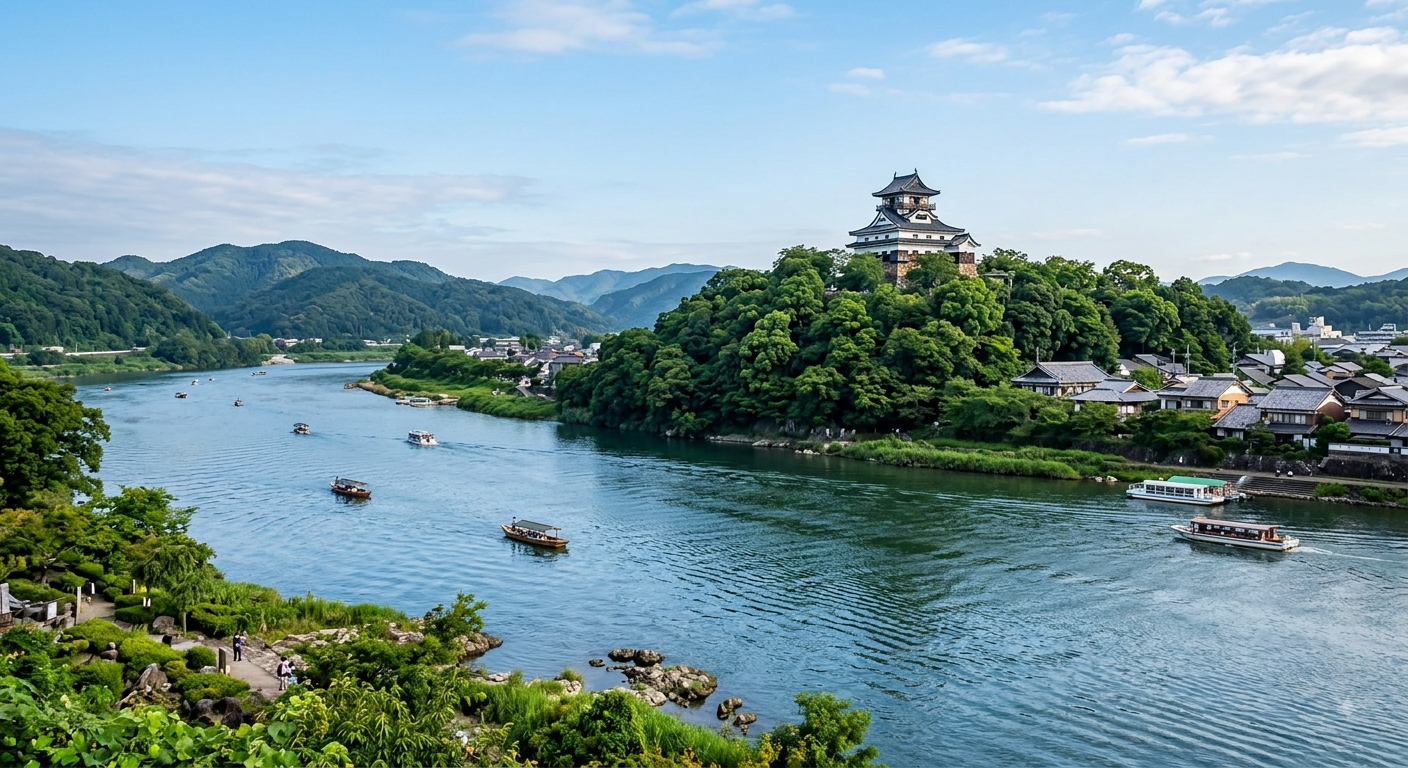 inuyama-castle-tenshu-kisogawa - 日本文化と伝統の魅力ナビ ― Japanese Heritage Guide Castle perched on a tree-covered hill overlooking a village along a winding river with several boats.