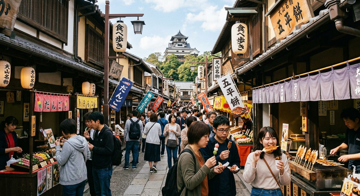 inuyama-castletown-food-walk-street - 日本文化と伝統の魅力ナビ ― Japanese Heritage Guide Busy Japanese street market with food stalls, lanterns, and a castle in the distance; people eating skewers and snacks.