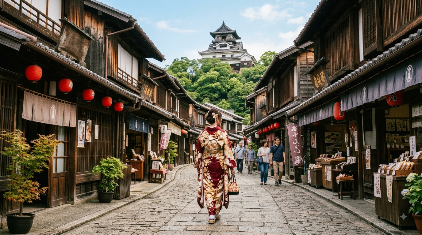 inuyama-castletown-kimono-walk - 日本文化と伝統の魅力ナビ ― Japanese Heritage Guide Woman in a red and gold kimono walks down a historic Japanese street lined with wooden shops and red lanterns, with a castle on a hill in the background.