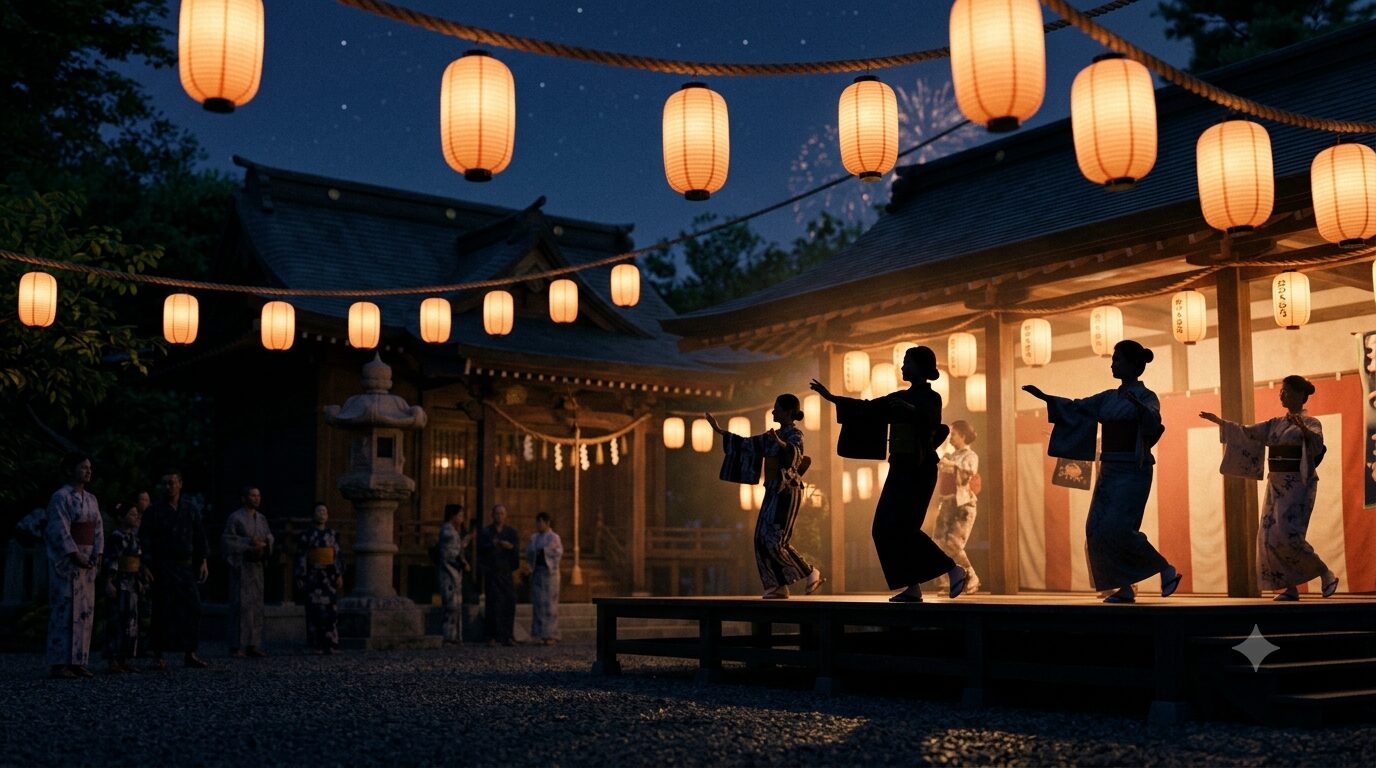 夜空に輝く提灯と踊り手の影―日本の夏祭りが持つ静かな余韻と美しさ