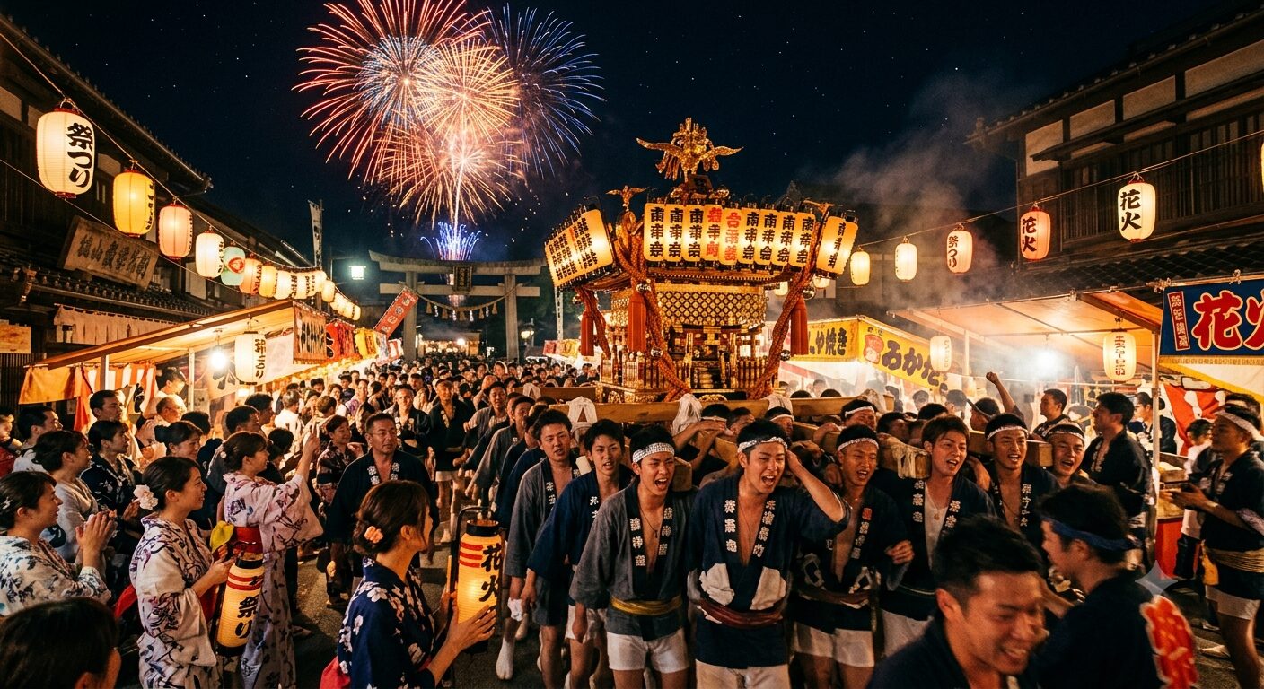 夜空を彩る日本の伝統祭り―光と熱気が交差する夏の風景