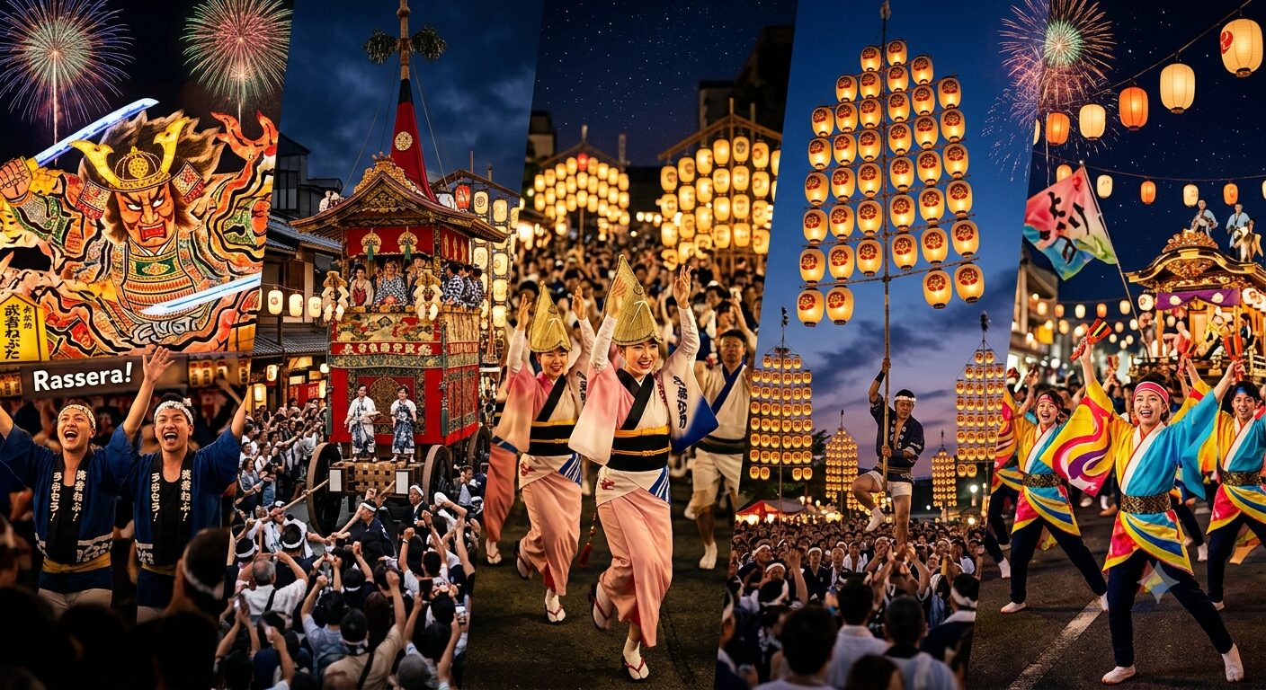 japan-traditional-festivals-guide - 日本文化と伝統の魅力ナビ ― Japanese Heritage Guide Festival collage featuring fireworks, ornate parade floats, lanterns, and dancers celebrating together at night.