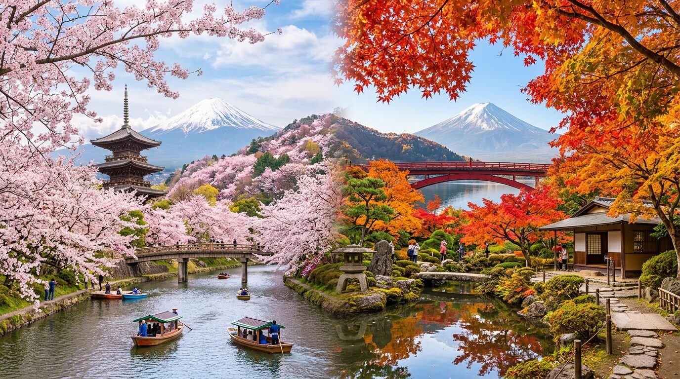 A tranquil Japanese garden scene with cherry blossoms and autumn leaves, Mt. Fuji in the background, a paged pagoda, a red bridge over a calm river, boats on the water, and a traditional pavilion.