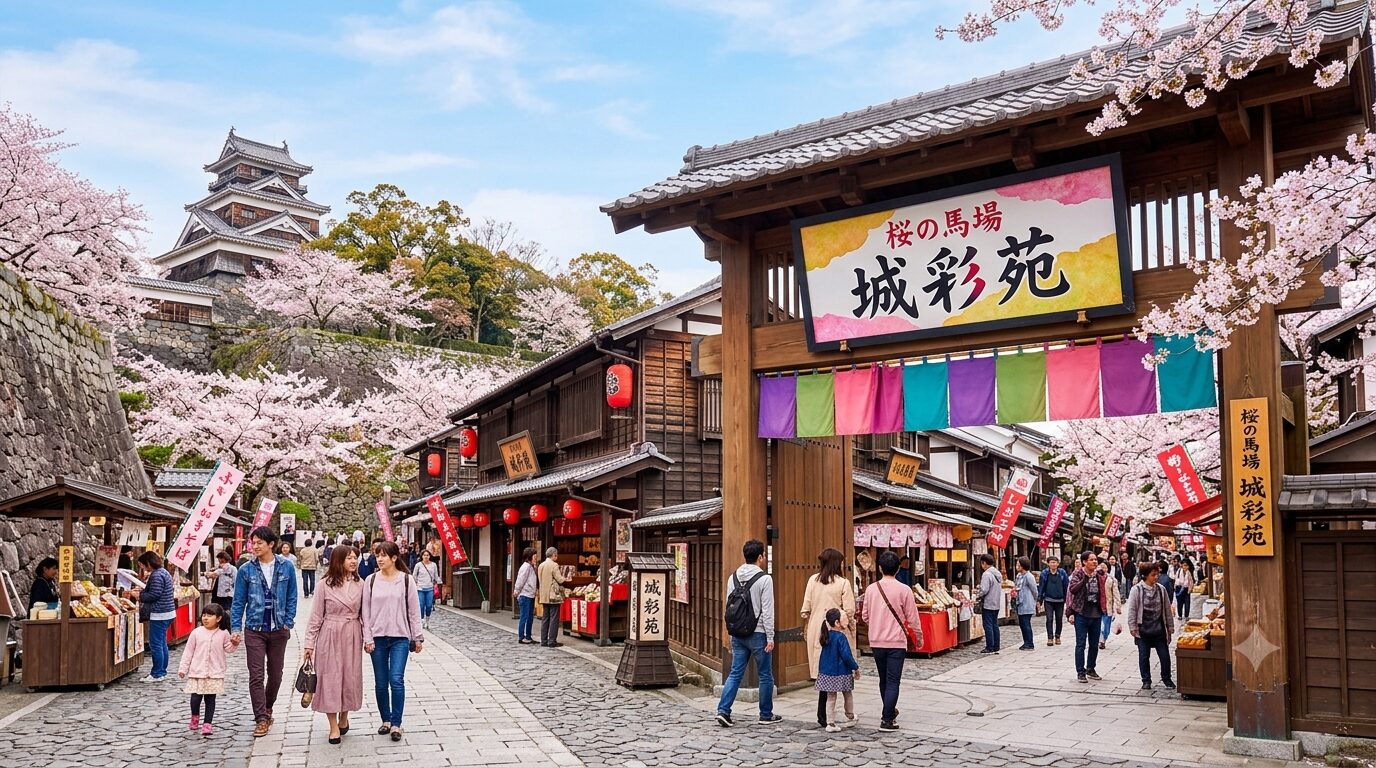 桜の馬場 城彩苑 城下町風の街並みと入口の様子