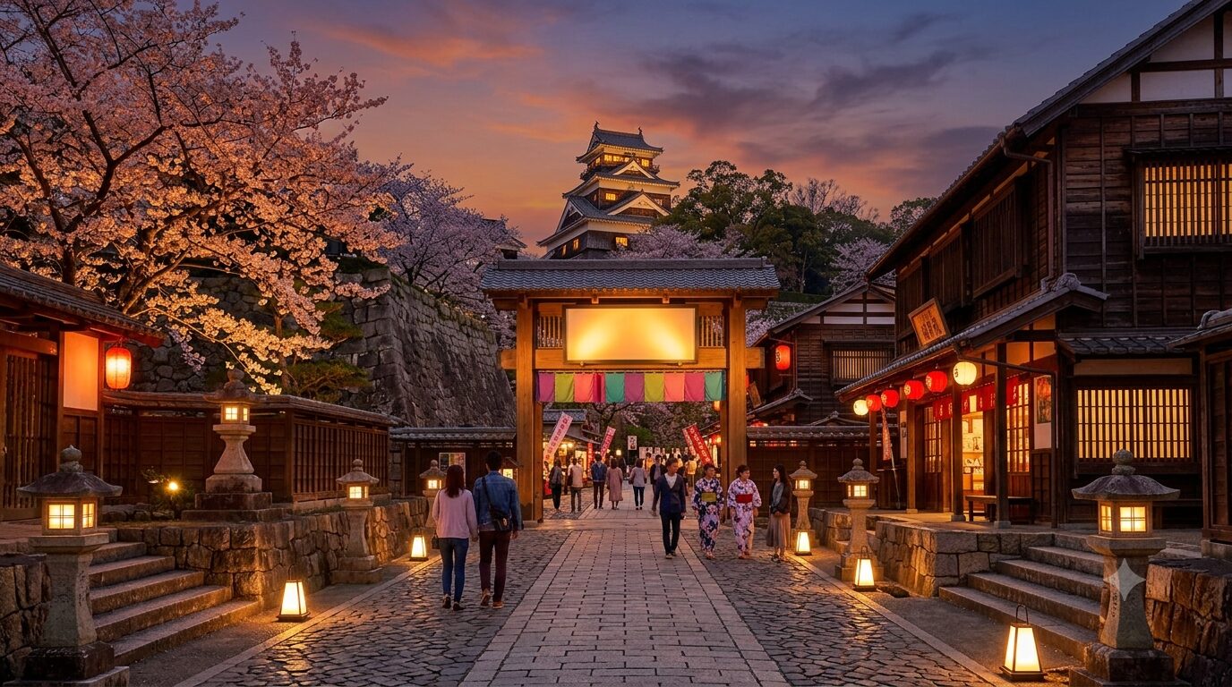 桜の馬場 城彩苑 夕暮れ時の灯籠と街並みのイメージ