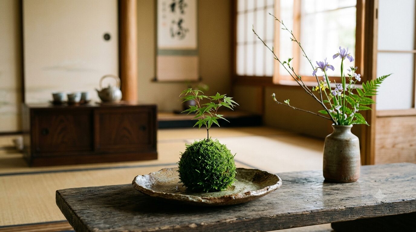 信楽焼の皿に飾られた苔玉と和のインテリアイメージ