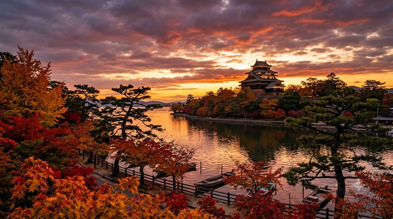宍道湖の夕景に映える紅葉と松江城 ― 八雲が愛した秋の松江の情景