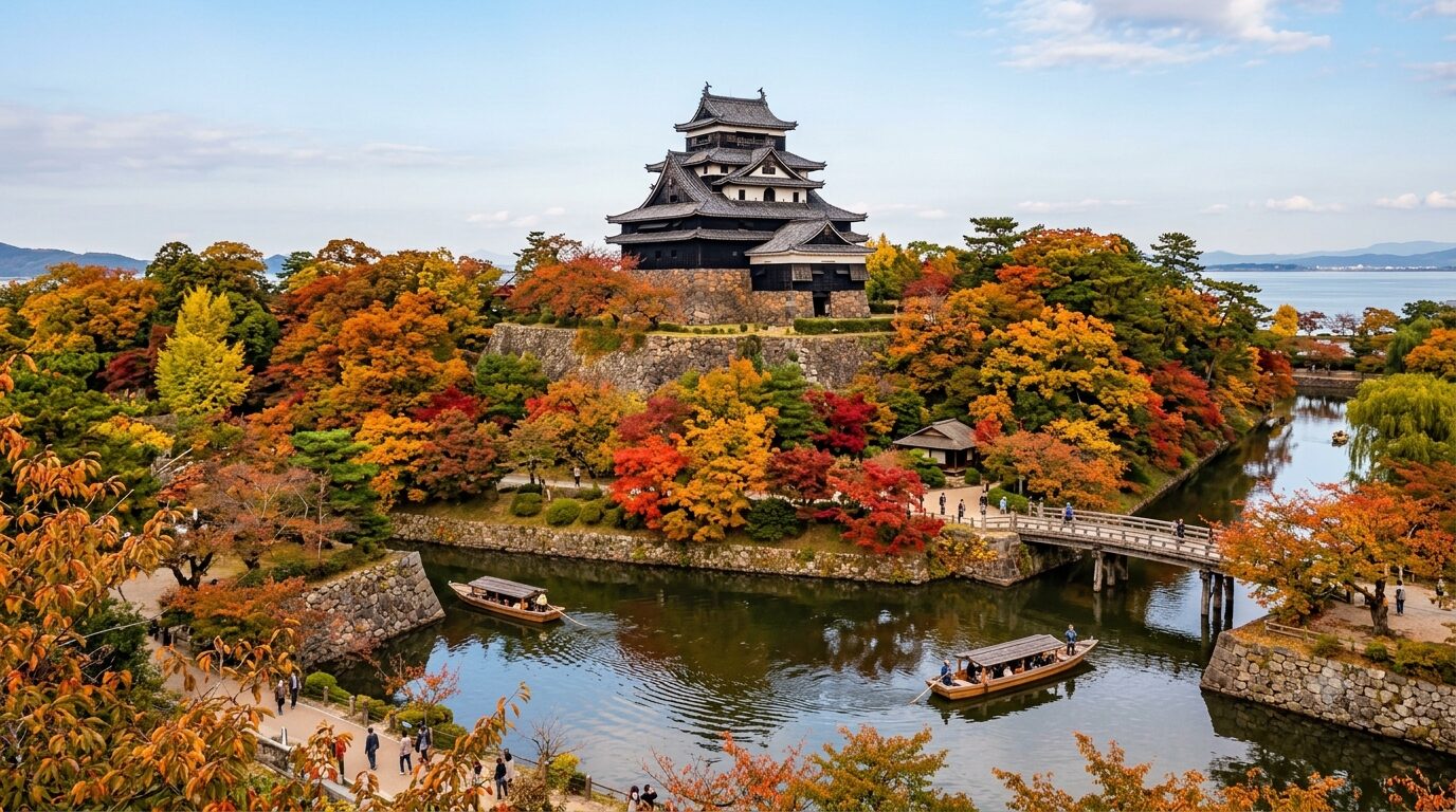 紅葉に包まれた松江城と城山公園 ― 秋色に染まる古都の風情