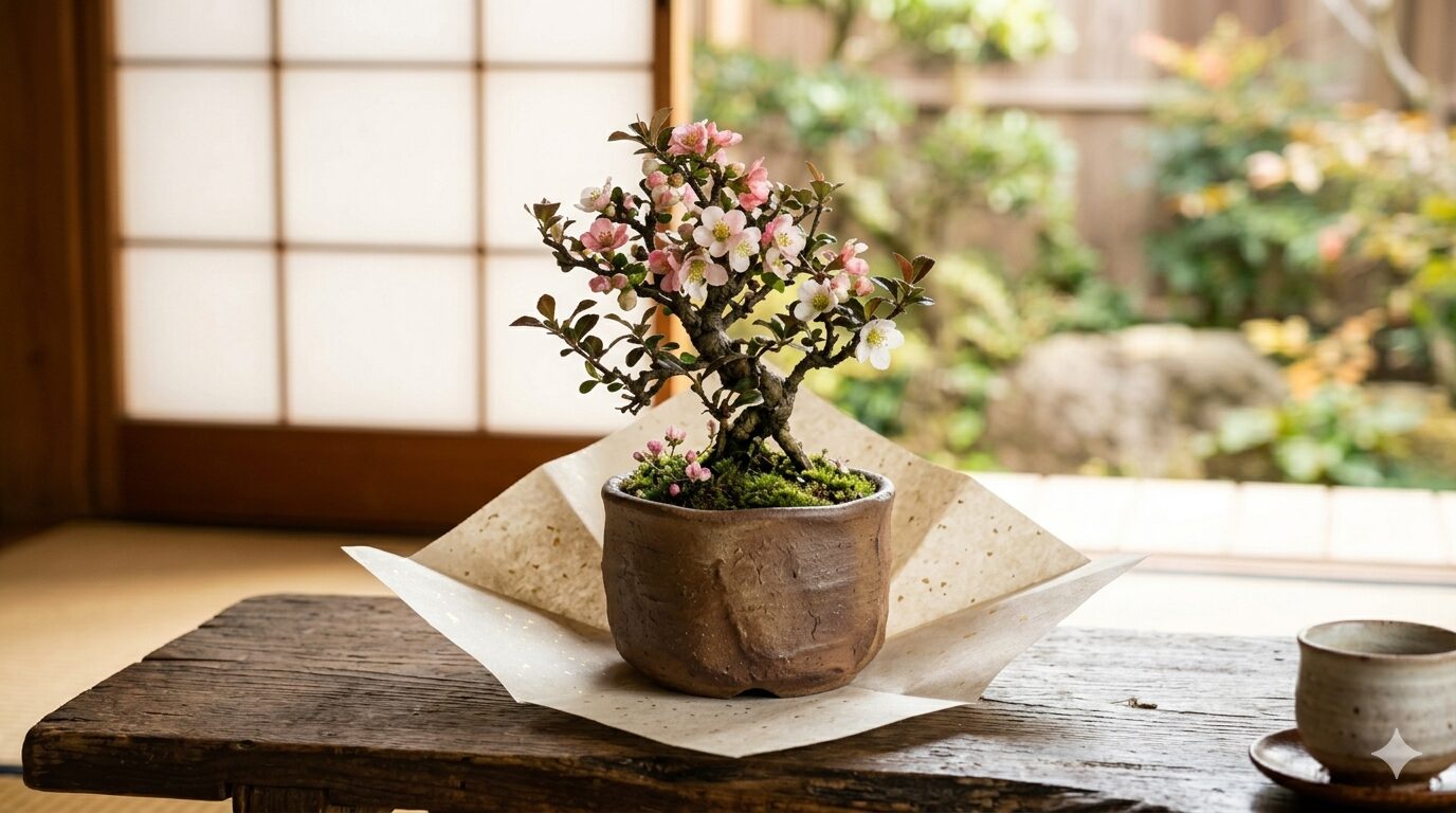 万古焼鉢に仕立てた長寿梅ミニ盆栽のイメージ