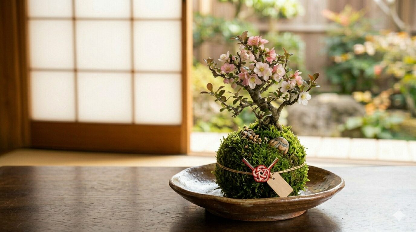 器に置かれた長寿梅または旭山桜の苔玉のイメージ