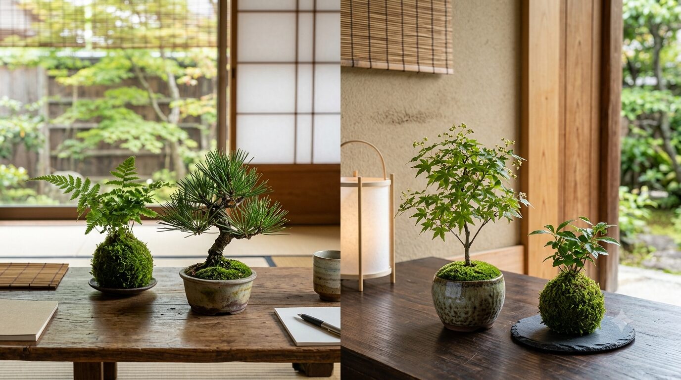 Two bonsai trees on a wooden table inside a traditional Japanese room; left side includes a notebook and pen nearby.