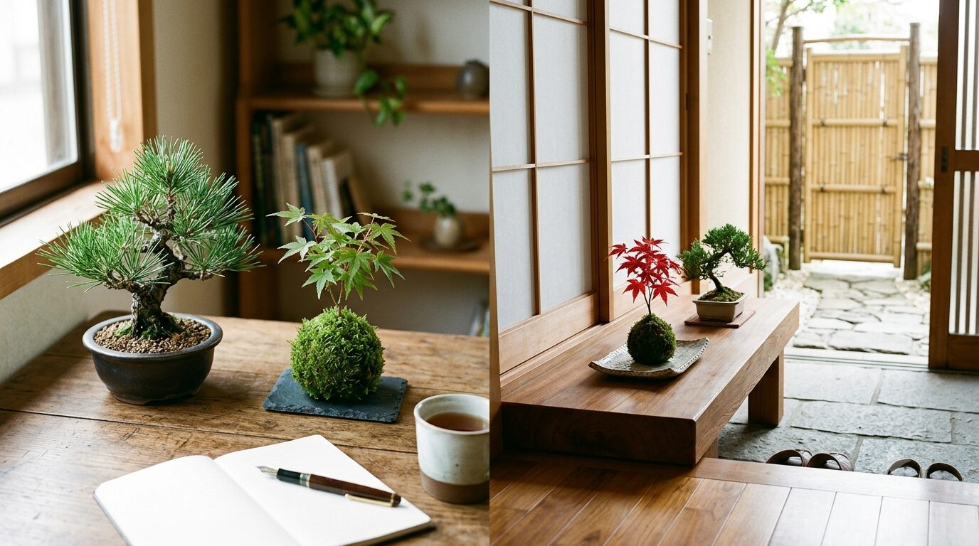 デスクと玄関に飾られたミニ盆栽と苔玉のイメージ