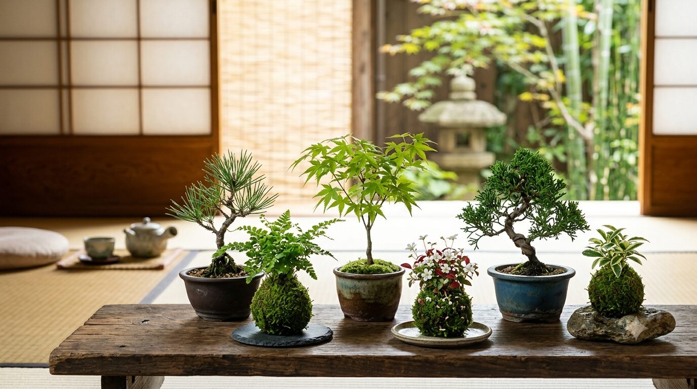ミニ盆栽と苔玉を並べた和の暮らしのイメージ