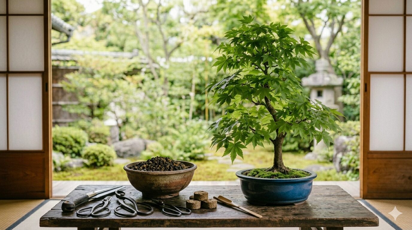 もみじ盆栽と盆栽道具・土・肥料の静物写真