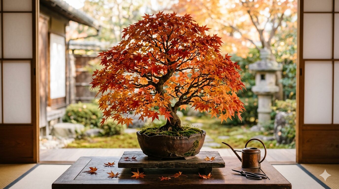秋に美しく紅葉したもみじ盆栽のイメージ