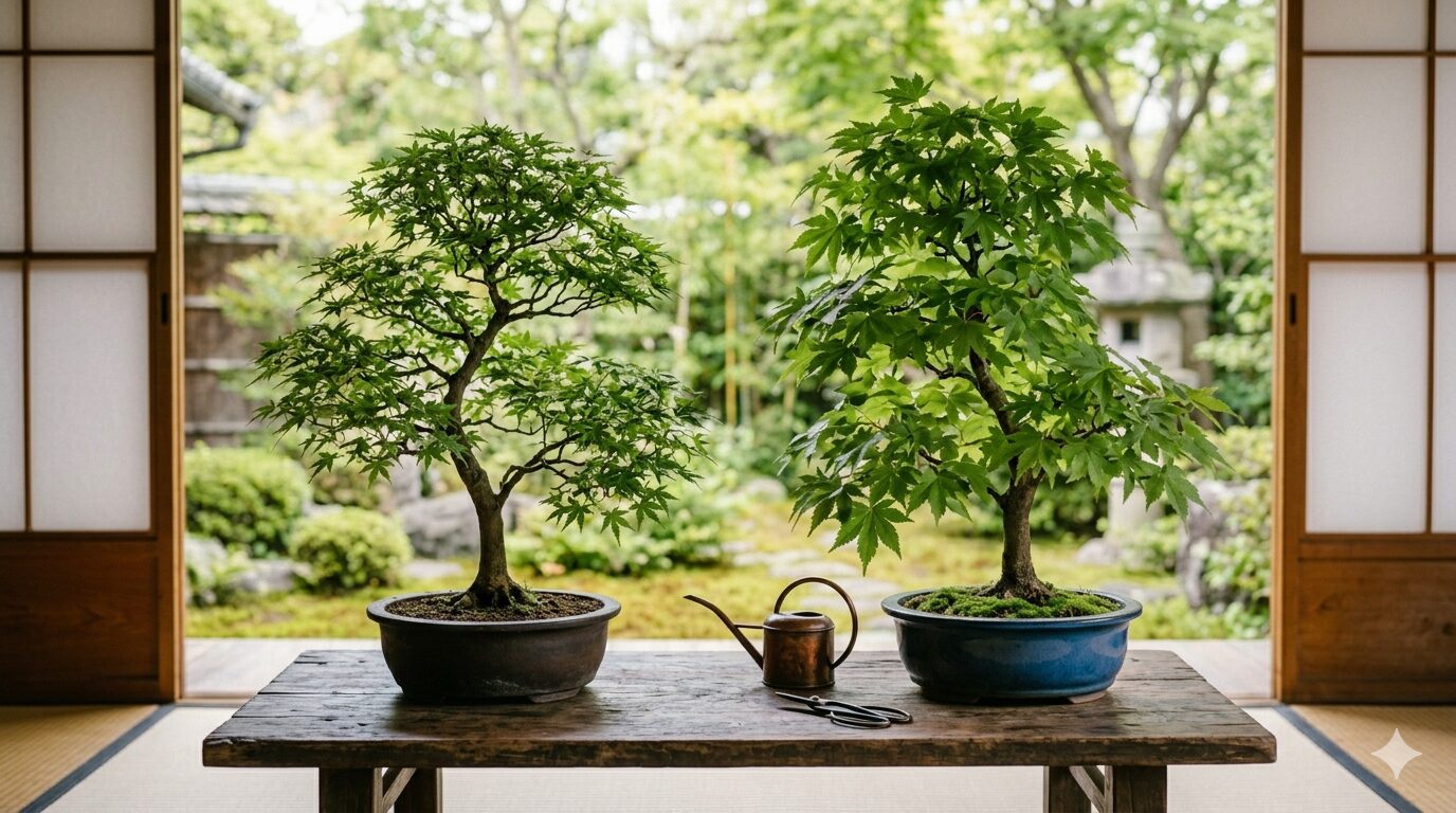 イロハモミジとヤマモミジの盆栽を並べた比較イメージ