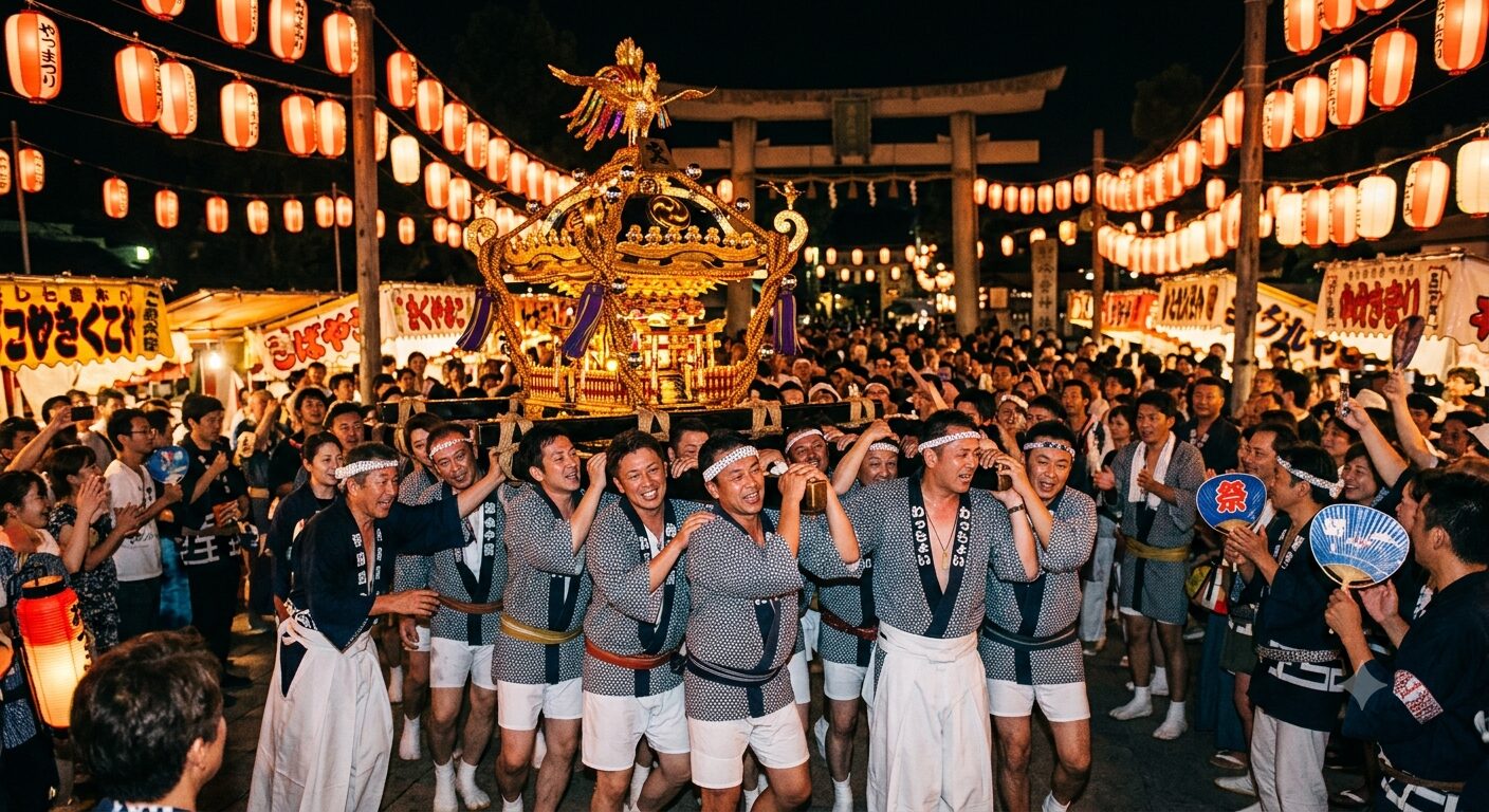 夏祭り 神輿を担ぐ人々の様子