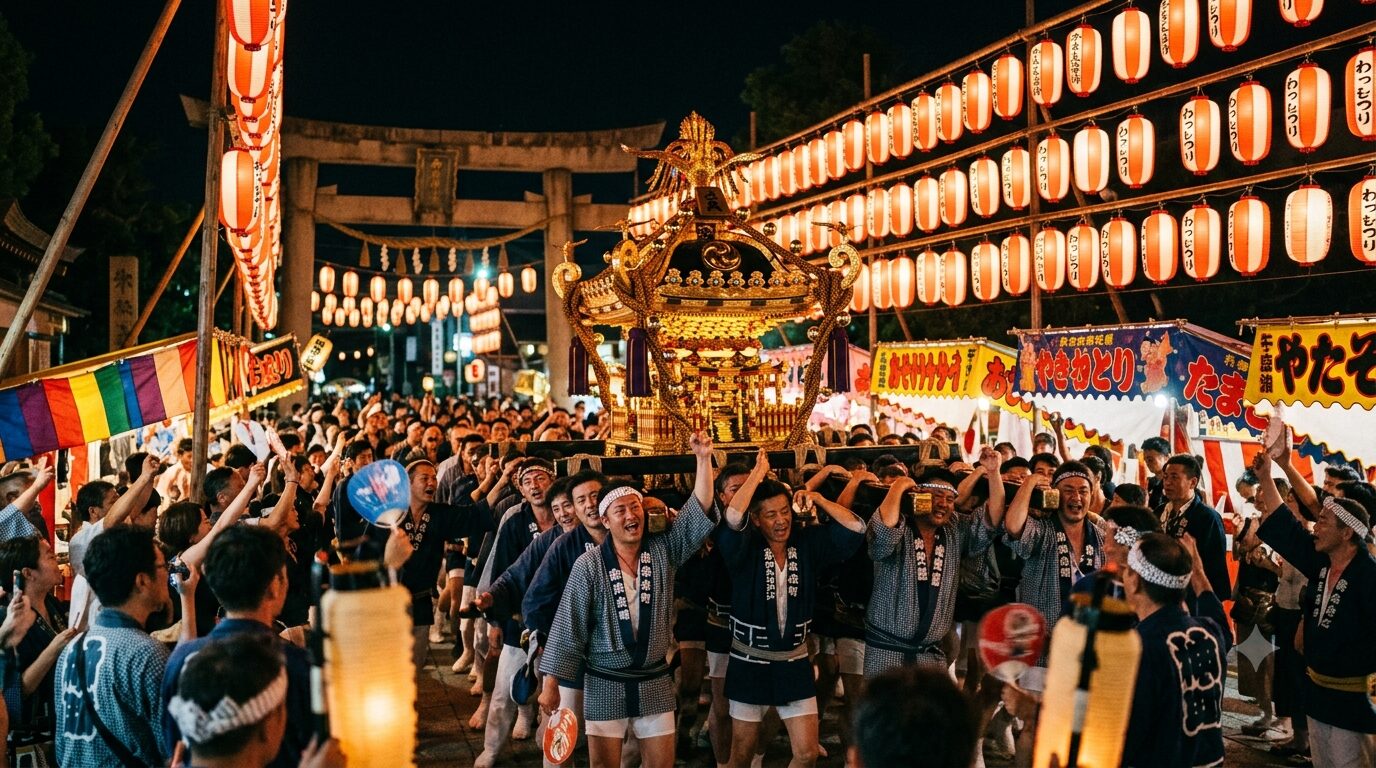 夏祭りの神輿と提灯 夜の祭りのイメージ