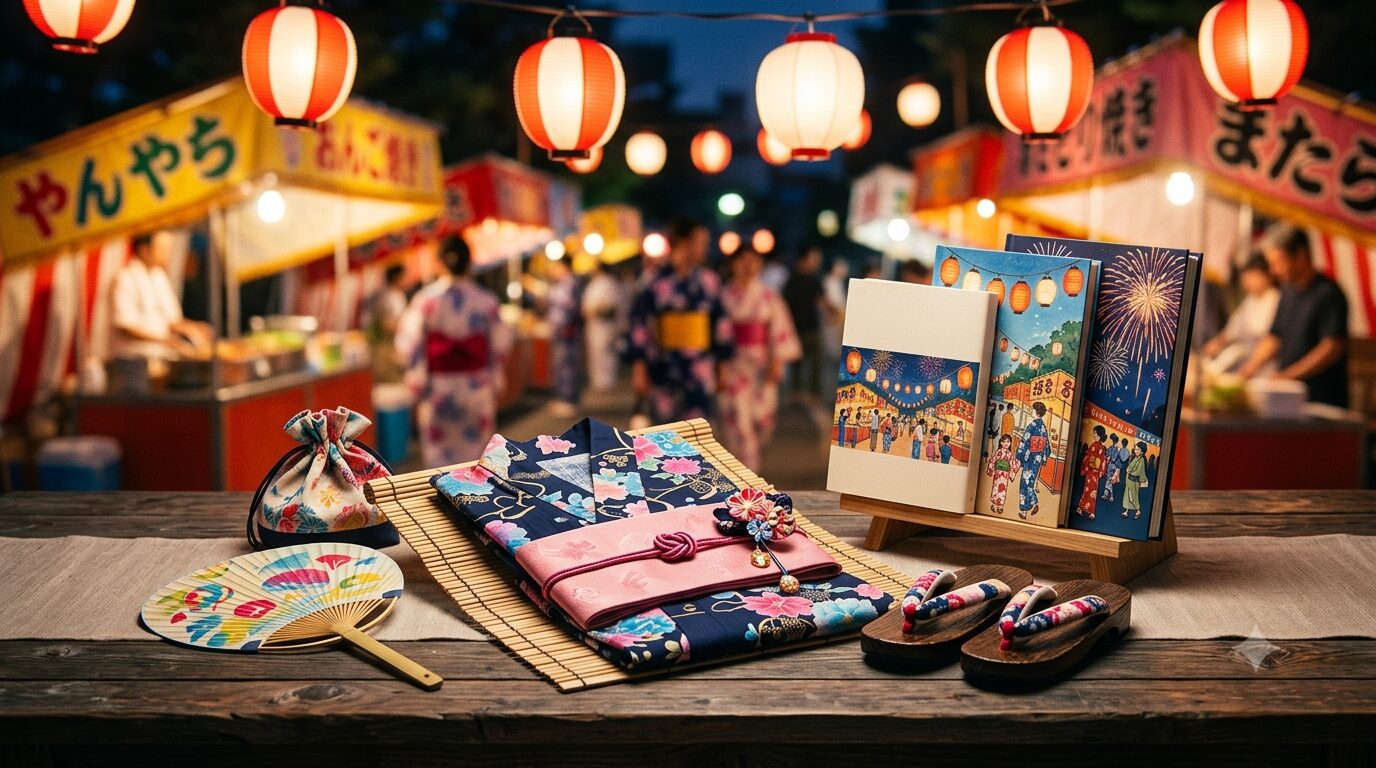 夏祭り 浴衣セットと書籍 関連グッズイメージ