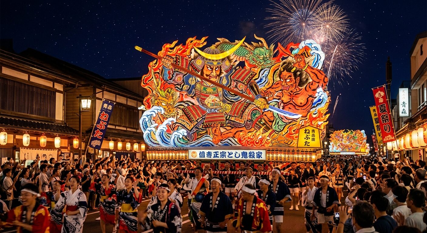 青森ねぶた祭の夜空を照らす巨大な武者ねぶた。鮮やかな色彩と迫力ある造形が夏の夜を彩る。