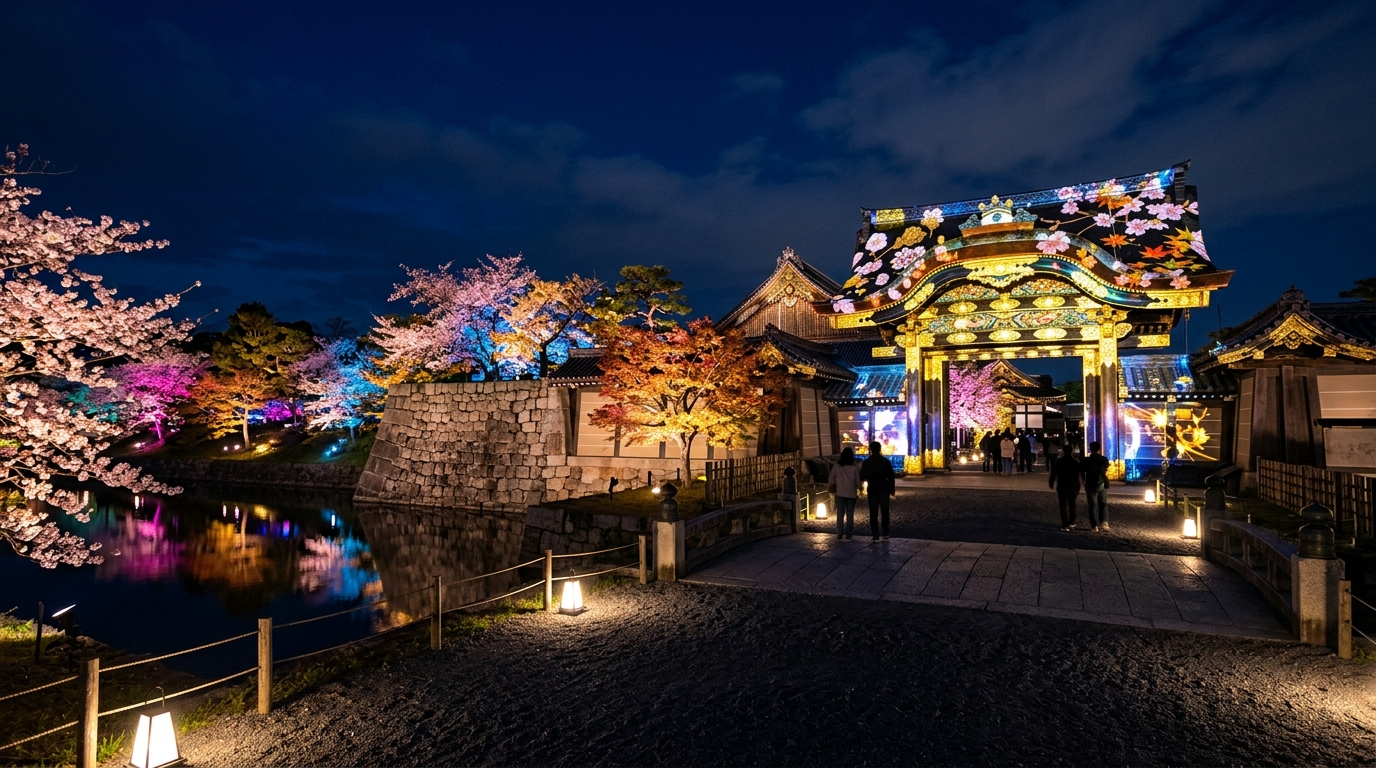 Nighttime scene of a lit ornate gate with cherry blossoms along a reflective moat and stone wall.