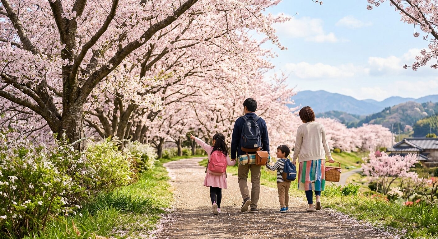 四季を旅する家族が桜並木を歩く後ろ姿