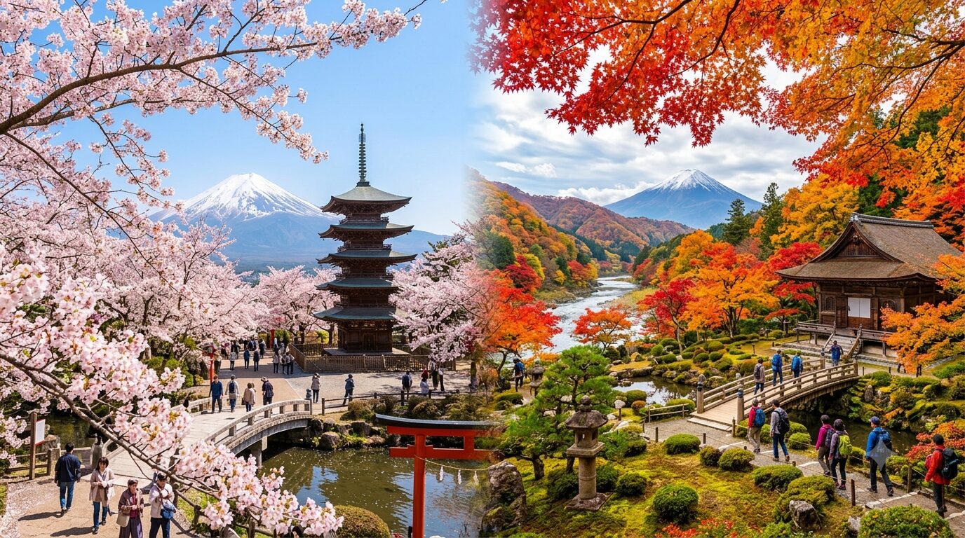 春の桜と秋の紅葉を楽しむ日本旅行ガイドのイメージ写真