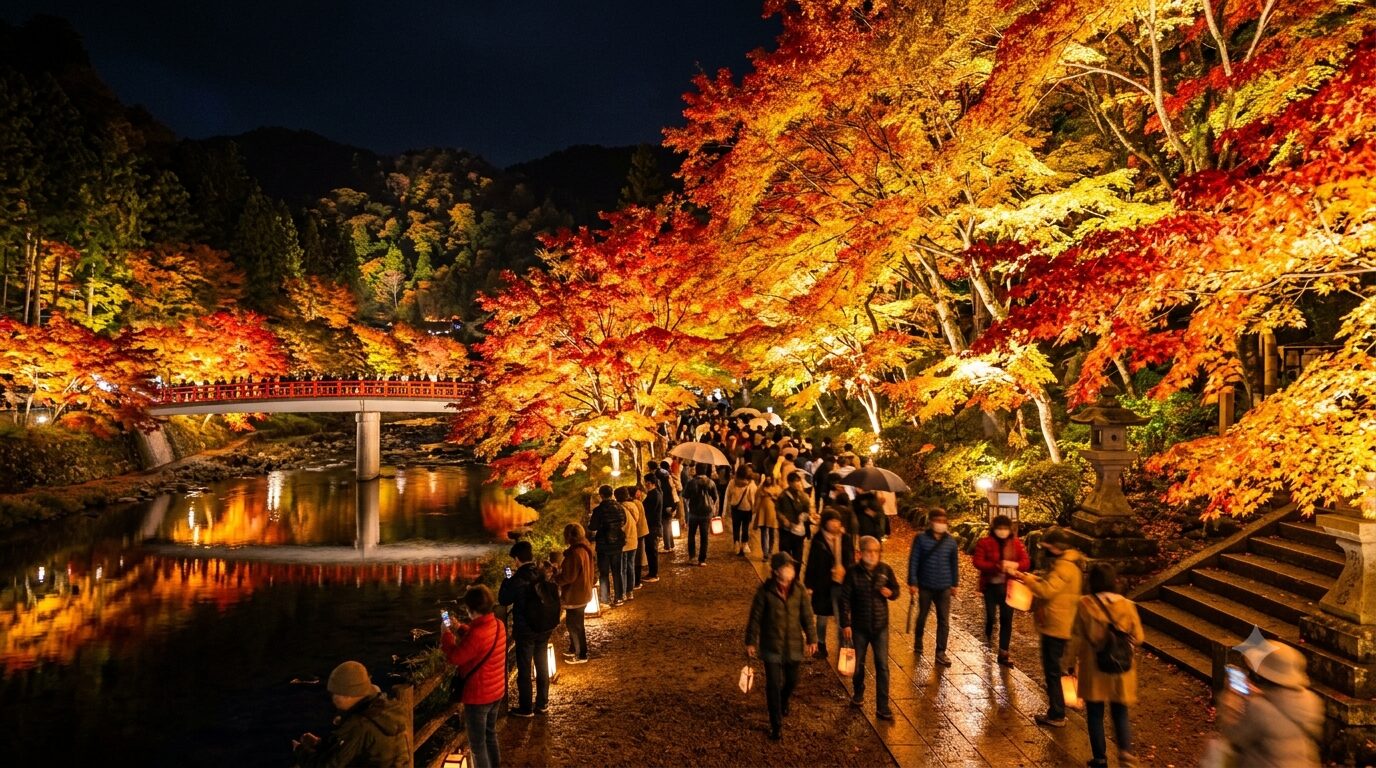 香嵐渓のライトアップされた紅葉のカエデ並木