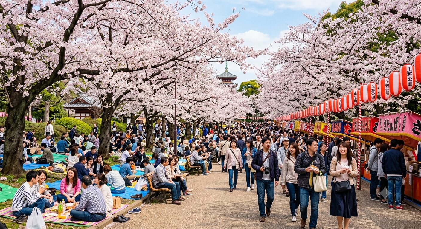上野恩賜公園の桜並木と花見客の様子