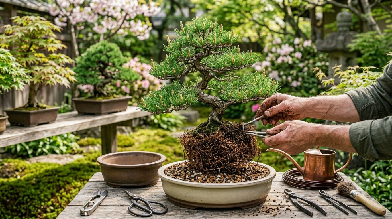 Hands repotting a bonsai tree with exposed roots in a shallow pot on a wooden table, gardening tools nearby.