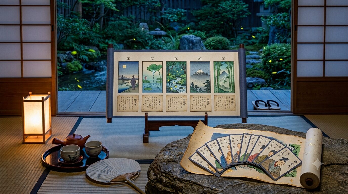 summer-hyakunin-isshu-eyecatch - 日本文化と伝統の魅力ナビ ― Japanese Heritage Guide A traditional Japanese tatami room with a stand displaying five illustrated cards, tea set on a tray, and a garden visible through sliding doors.