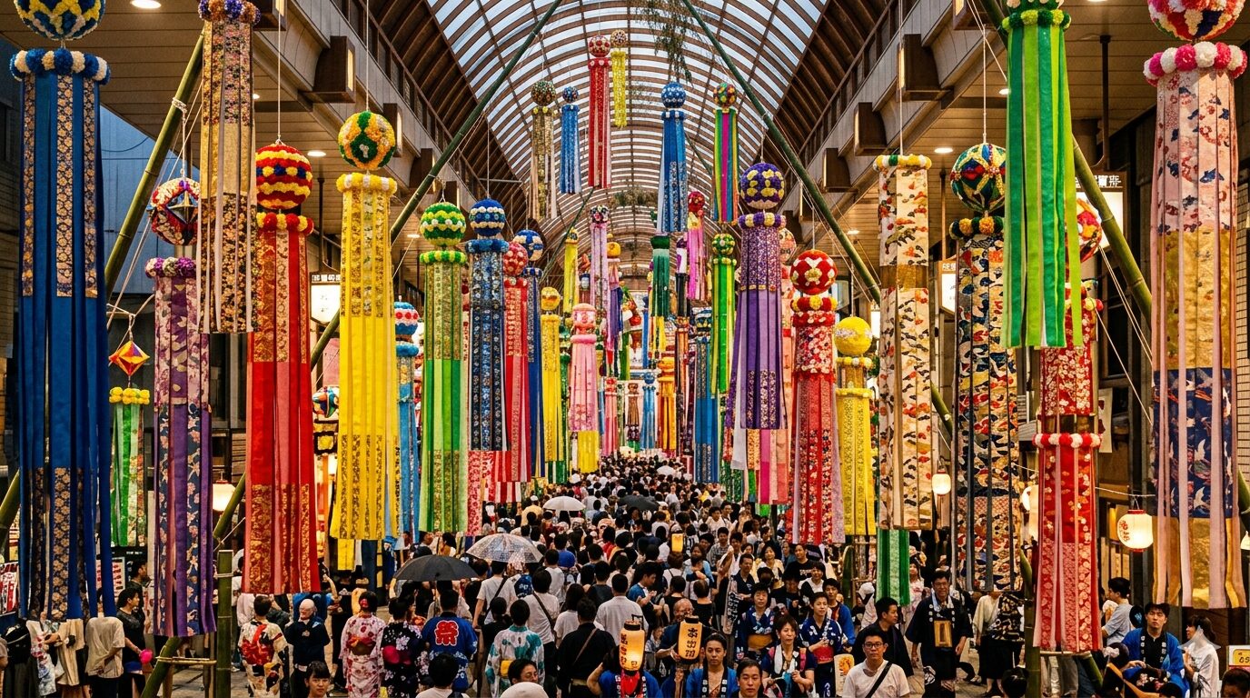 仙台七夕まつりの色鮮やかな巨大笹飾りがアーケード商店街を埋め尽くす光景