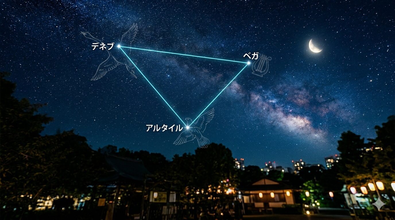 夏の夜空に輝く夏の大三角——ベガ・アルタイル・デネブの位置関係を示した星座図