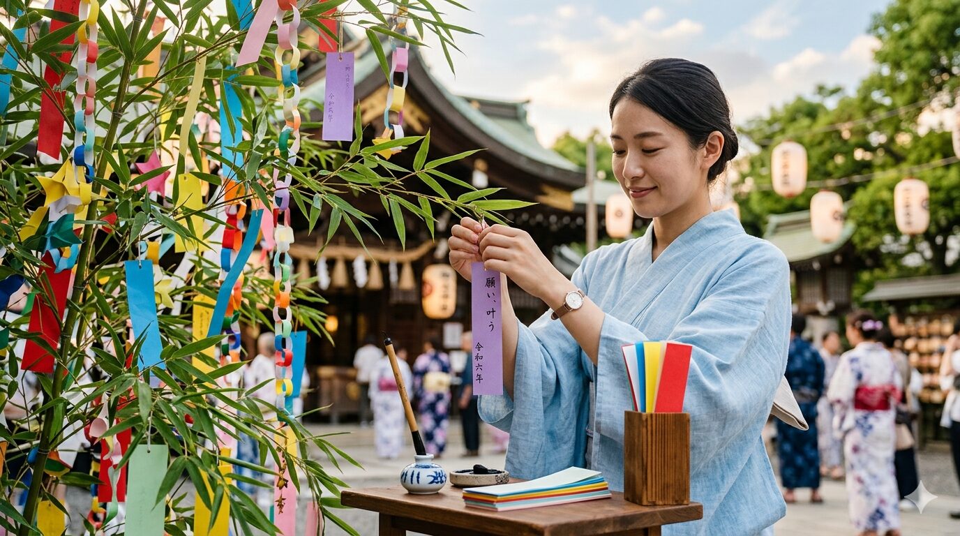 tanabata-tanzaku-manner - 日本文化と伝統の魅力ナビ ― Japanese Heritage Guide Woman in a light blue kimono ties a purple tanzaku strip to a bamboo tree at a Shinto shrine during a festival, with paper lanterns and a wooden offering table nearby.