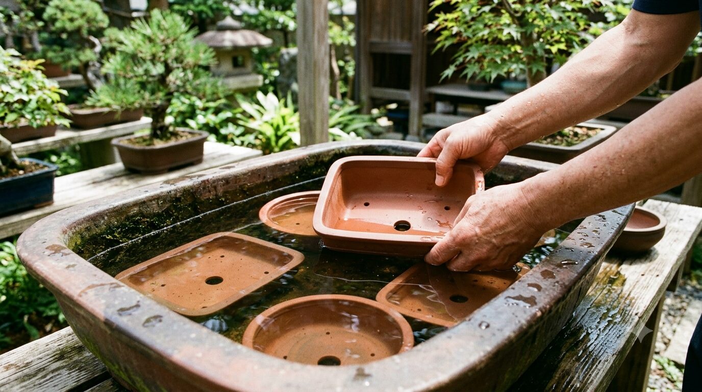 常滑焼盆栽鉢のアク抜き 水に浸した新鉢の手入れ風景