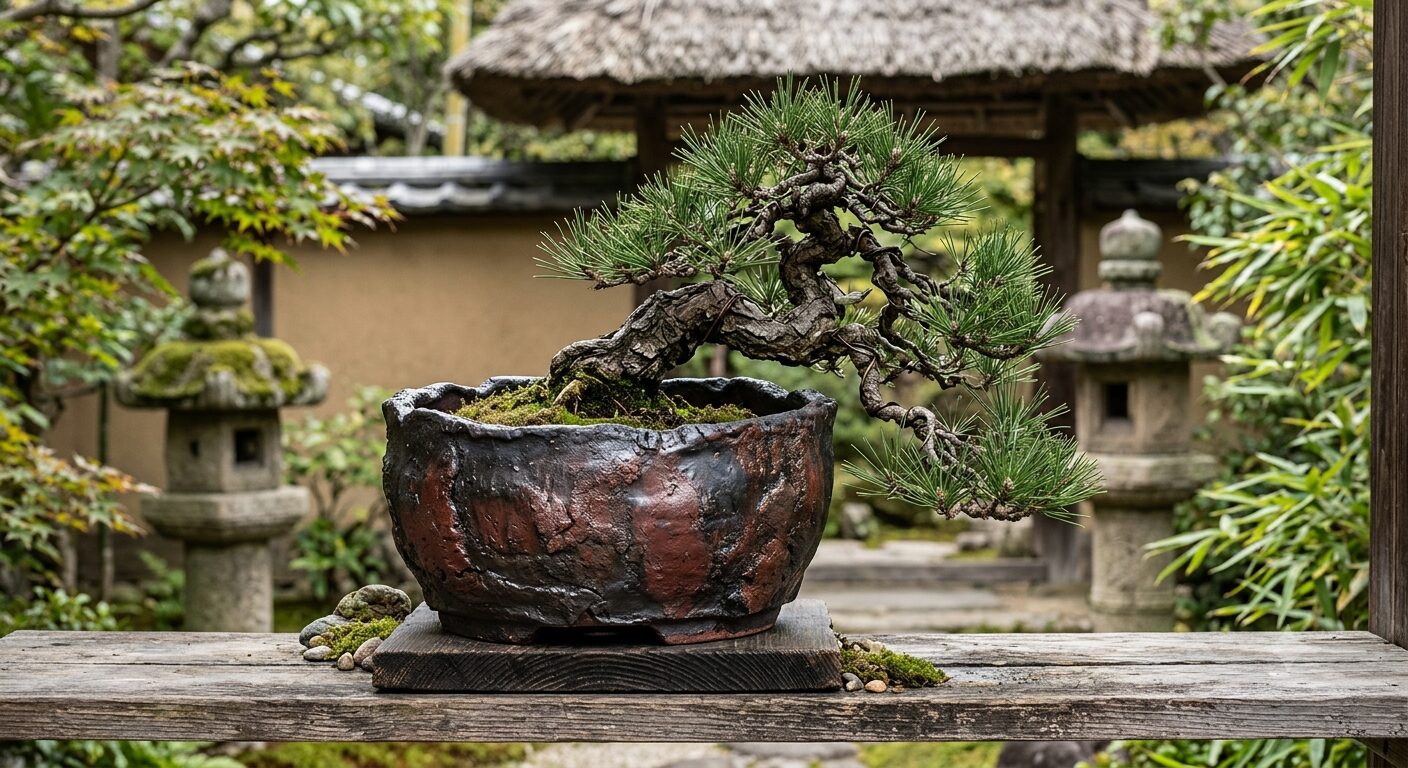 常滑焼 鬼板盆栽鉢 黒褐色の重厚な焼き締め