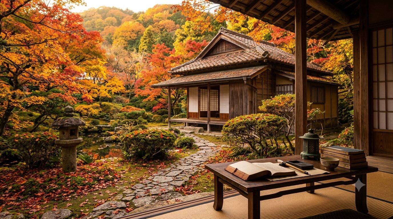 A tranquil Japanese garden in autumn with colorful maple trees, a wooden teahouse, and a low table with an open notebook inside a tatami room.